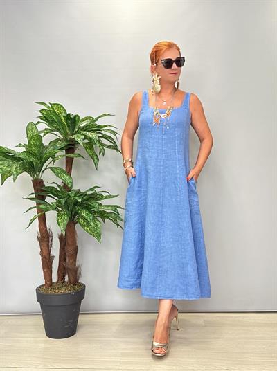 4550 Italyan Ham Keten Elbise Mavi