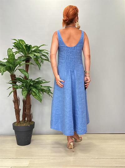 4550 Italyan Ham Keten Elbise Mavi