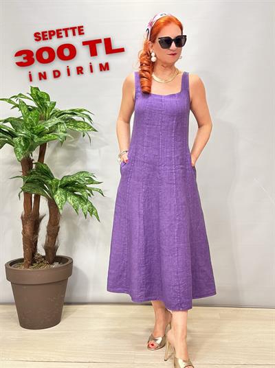 4550 Italyan Ham Keten Elbise Mor