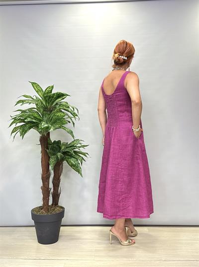 4550 Italyan Ham Keten Elbise Mürdüm / Fuşya Tonu