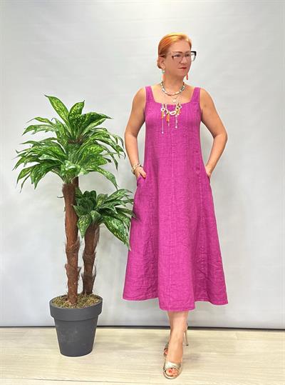 4550 Italyan Ham Keten Elbise Mürdüm / Fuşya Tonu