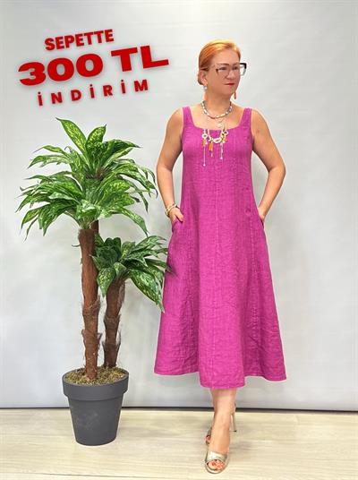 4550 Italyan Ham Keten Elbise Mürdüm / Fuşya Tonu