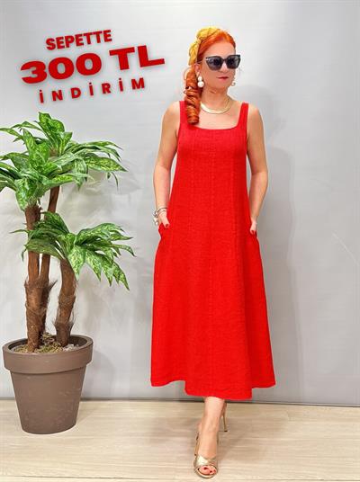 4550 Italyan Ham Keten Elbise Nar Çiçeği