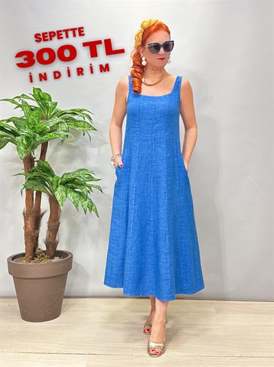 4550 Italyan Ham Keten Elbise Saks Mavi