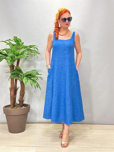 4550 Italyan Ham Keten Elbise Saks Mavi