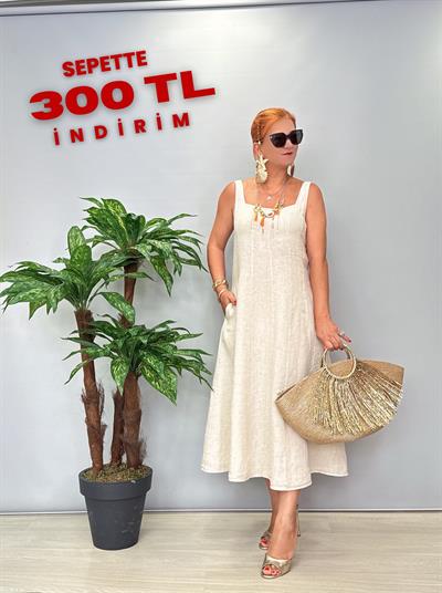 4550 Italyan Ham Keten Elbise Taş