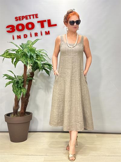 4550 Italyan Ham Keten Elbise Vizon