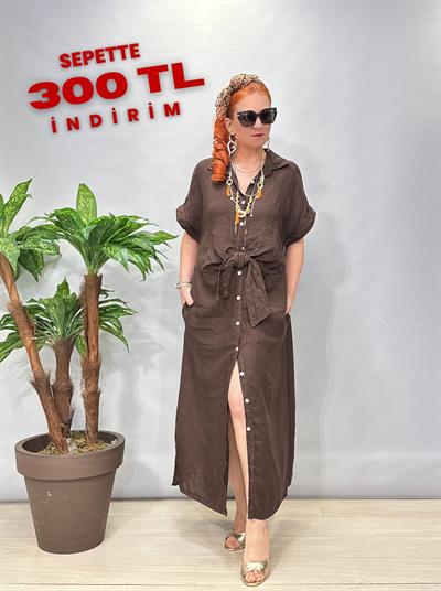 4555 Italyan Ham Keten  Elbise Acı Kahve