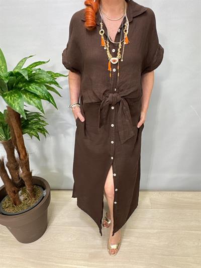 4555 Italyan Ham Keten  Elbise Acı Kahve