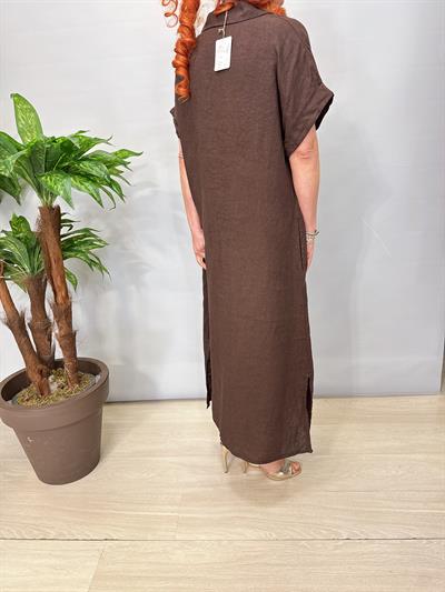 4555 Italyan Ham Keten  Elbise Acı Kahve