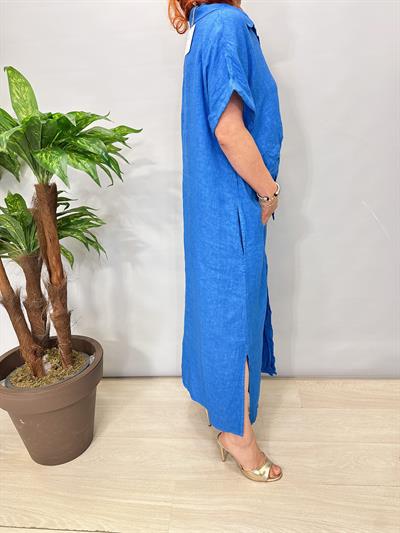 4555 Italyan Ham Keten  Elbise Mavi