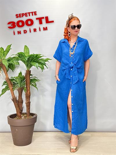 4555 Italyan Ham Keten  Elbise Mavi