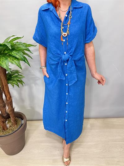 4555 Italyan Ham Keten  Elbise Mavi