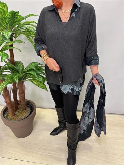 4646 Italyan Fularlı Pamuklu Bluz Antrasit