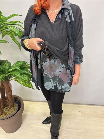 4646 Italyan Fularlı Pamuklu Bluz Antrasit