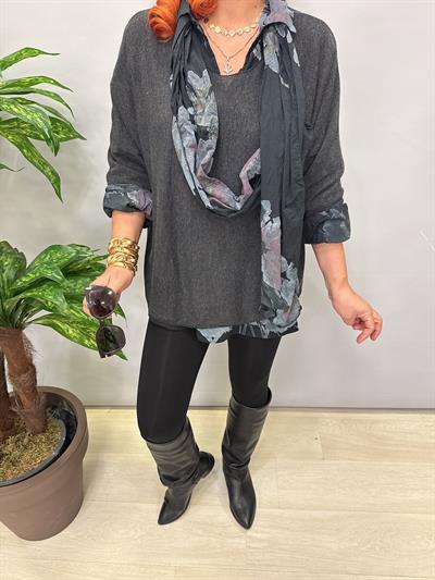 4646 Italyan Fularlı Pamuklu Bluz Antrasit