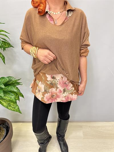 4646 Italyan Fularlı Pamuklu Bluz Camel