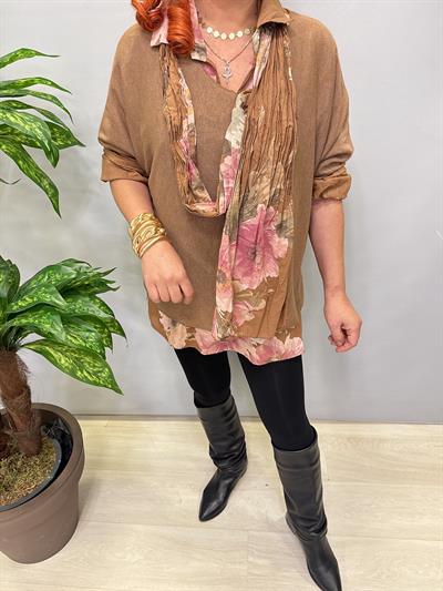 4646 Italyan Fularlı Pamuklu Bluz Camel