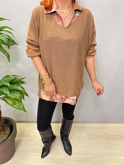 4646 Italyan Fularlı Pamuklu Bluz Camel