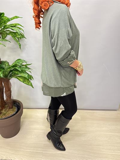 4646 Italyan Fularlı Pamuklu Bluz Haki