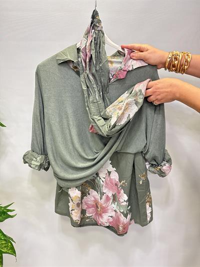 4646 Italyan Fularlı Pamuklu Bluz Haki