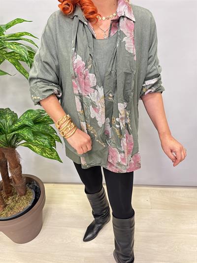 4646 Italyan Fularlı Pamuklu Bluz Haki