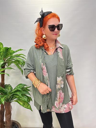 4646 Italyan Fularlı Pamuklu Bluz Haki