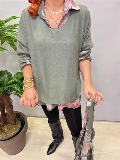 4646 Italyan Fularlı Pamuklu Bluz Haki