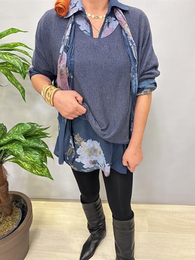 4646 Italyan Fularlı Pamuklu Bluz Lacivert