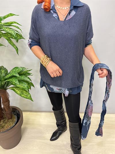 4646 Italyan Fularlı Pamuklu Bluz Lacivert