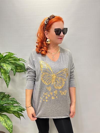 4646 Italyan Kelebek Detay Triko Bluz Gri