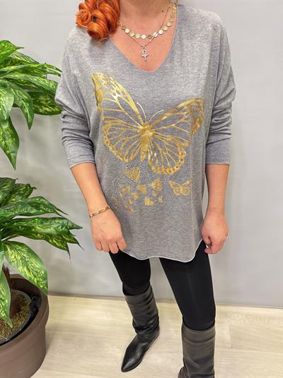 4646 Italyan Kelebek Detay Triko Bluz Gri