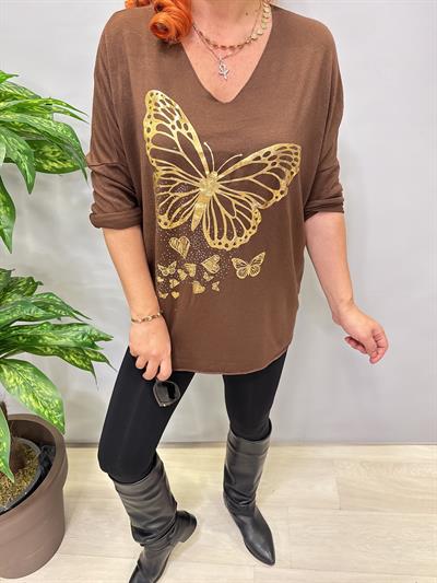 4646 Italyan Kelebek Detay Triko Bluz Kahve