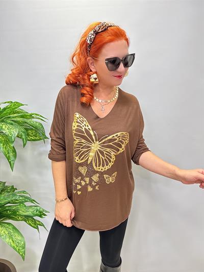 4646 Italyan Kelebek Detay Triko Bluz Kahve