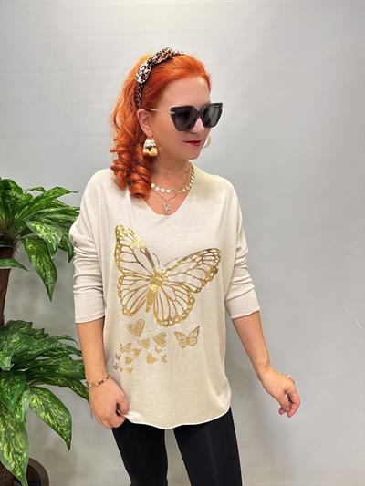 4646 Italyan Kelebek Detay Triko Bluz Taş