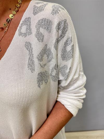 4646 Italyan Taşlı Leopar Detay Triko Bluz Beyaz