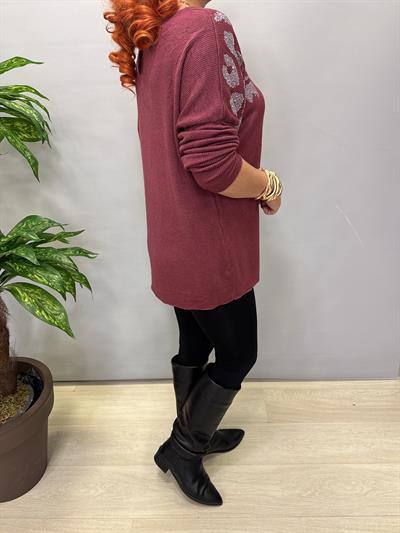 4646 Italyan Taşlı Leopar Detay Triko Bluz Bordo