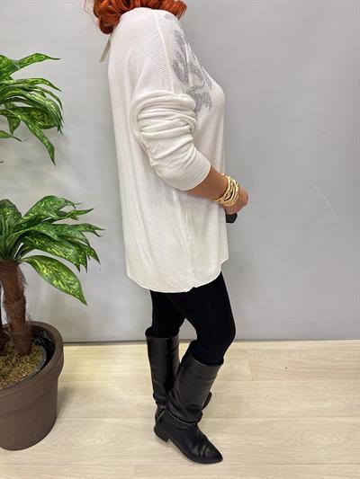 4646 Italyan Taşlı Leopar Detay Triko Bluz Beyaz