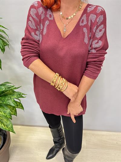 4646 Italyan Taşlı Leopar Detay Triko Bluz Bordo