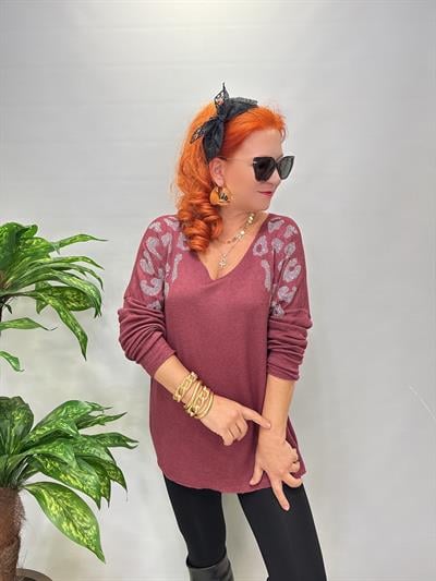 4646 Italyan Taşlı Leopar Detay Triko Bluz Bordo