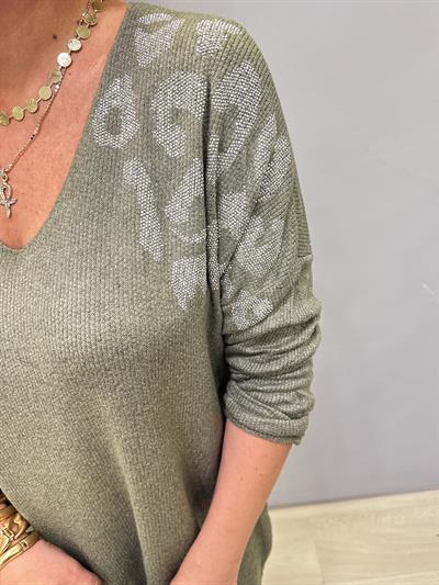 4646 Italyan Taşlı Leopar Detay Triko Bluz Haki