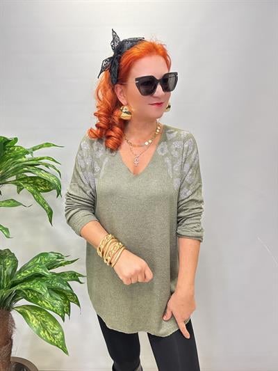 4646 Italyan Taşlı Leopar Detay Triko Bluz Haki