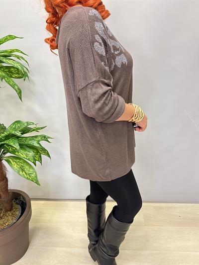 4646 Italyan Taşlı Leopar Detay Triko Bluz Kahve