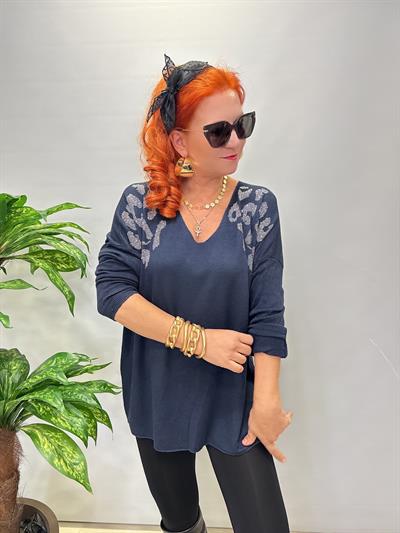 4646 Italyan Taşlı Leopar Detay Bluz Lacivert