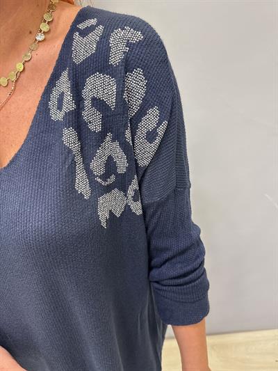 4646 Italyan Taşlı Leopar Detay Bluz Lacivert