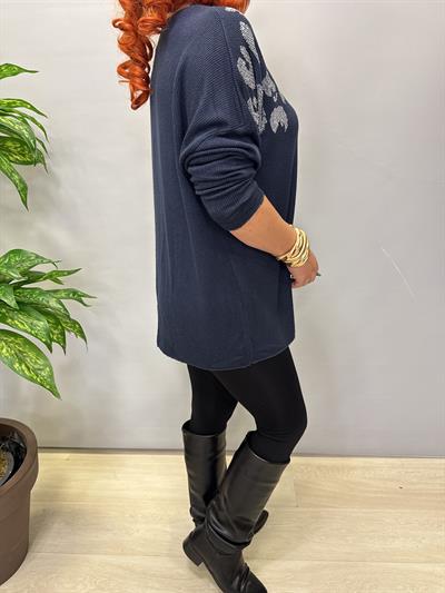 4646 Italyan Taşlı Leopar Detay Bluz Lacivert
