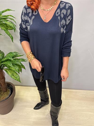 4646 Italyan Taşlı Leopar Detay Bluz Lacivert