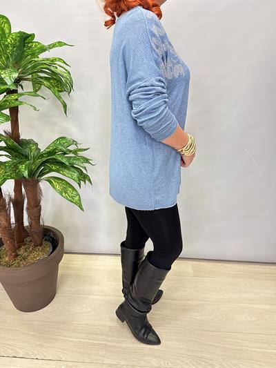4646 Italyan Taşlı Leopar Detay Triko Bluz Mavi
