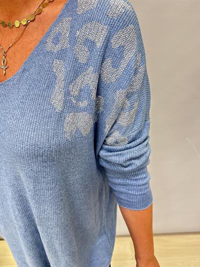 4646 Italyan Taşlı Leopar Detay Triko Bluz Mavi