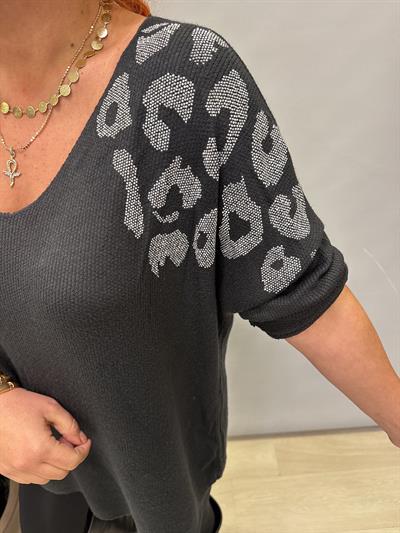 4646 Italyan Taşlı Leopar Detay Triko Bluz Siyah